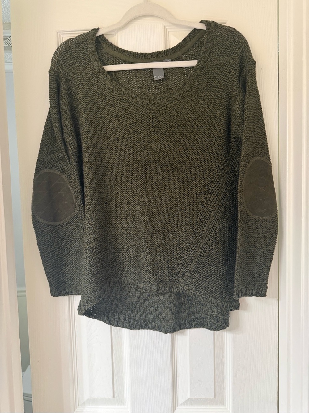 Quinn Olive Knit Crewneck Sweater with Quilted Elbow Patches